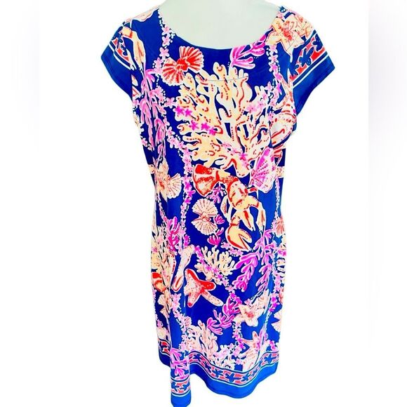 Barbara Erickson Vibrant Blue and Pink Coral Undersea Print Dress size Large - Picture 1 of 9
